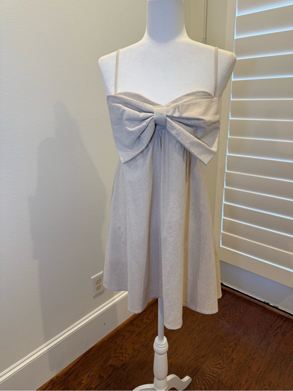 Cream Bow-Front Spaghetti Strap Mini Dress